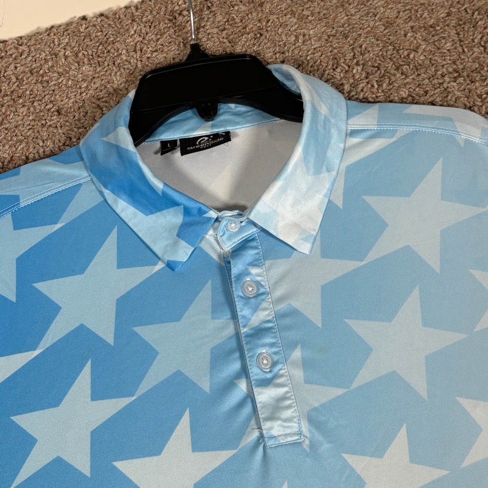 GreenSide Golf Mens Large Blue Pink Stars Stripes Performance Polo Shirt L